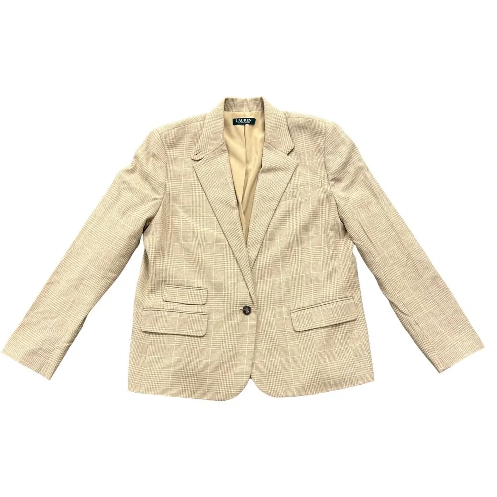 Lauren Ralph Lauren Plaid Single-Button Beige Blazer - Picture 1 of 10
